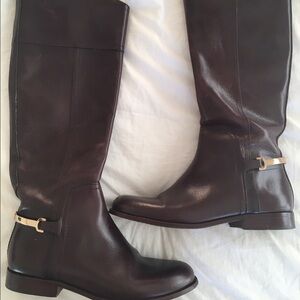 Tory Burch Brown Leather Tall Heeled Riding Boots with Gold Hardware